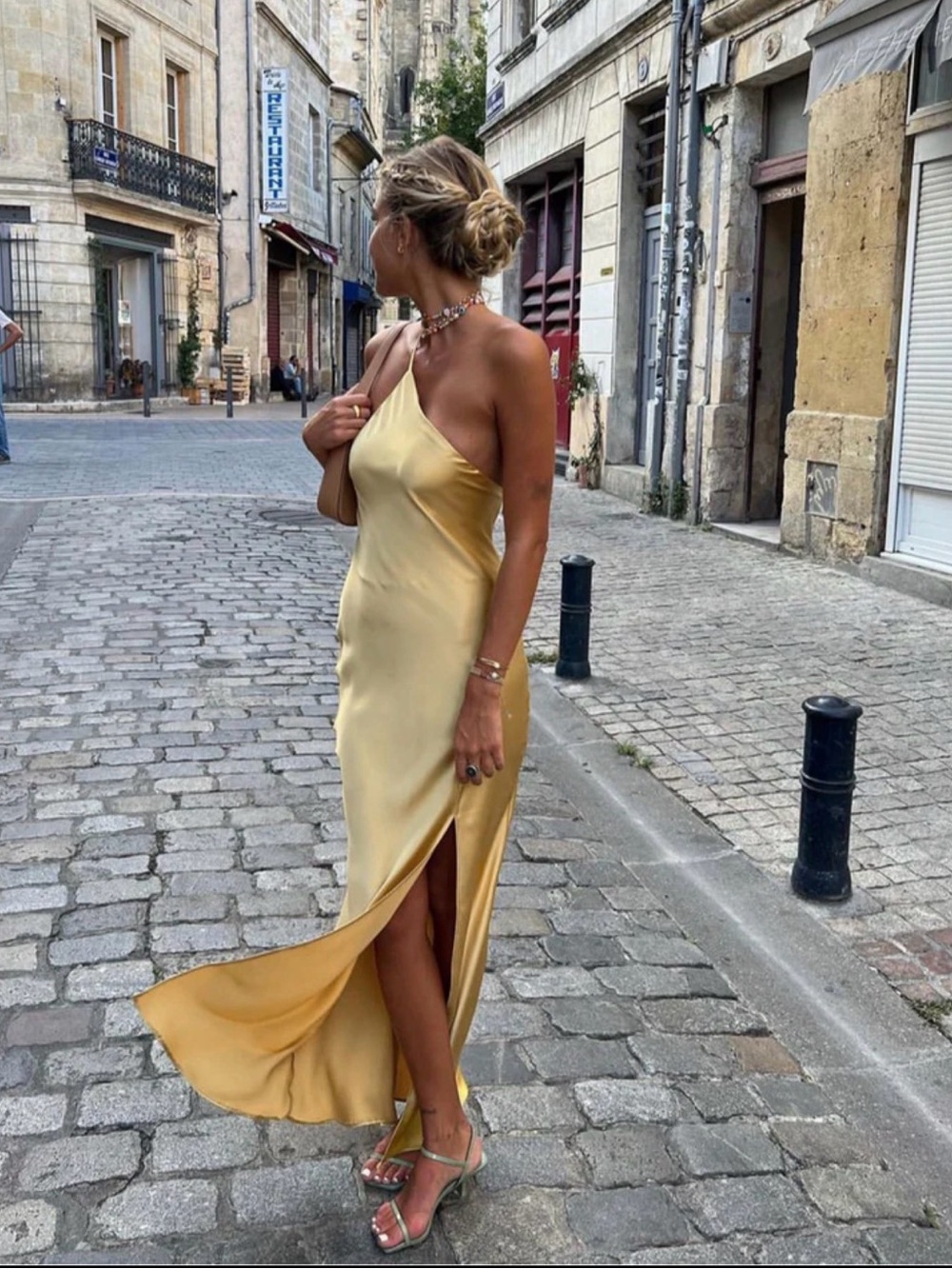 Commense Satin One-Shoulder Slip Dress in Pale Yellow
